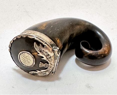 An early 19thc Scottish white metal mounted snuff box with thistle engraved hinge and centre plaque with initials JM, inscrip