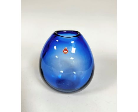 A Danish Holmegaard ovoid blue glass vase, signed verso and dated 1961, complete with original stamp to front, (26cm x 21cm)