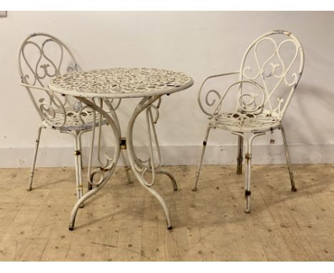 cmA white painted aluminium garden suite comprising a pair of chairs (a/f) and a table with circular top Hcm, D