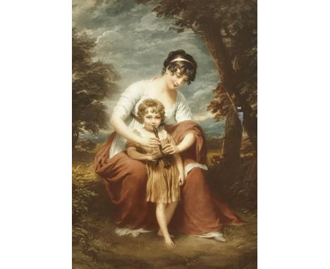 A reproduction lithographic print of a mother and child playing the recorder, signed bottom right, gilt glazed frame a/f (61c