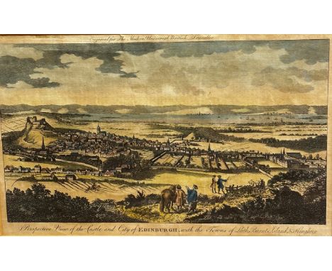 A 19thc engraving, For a Modern Universal British Traveller Prospect of Castle and City of Edinburgh with towns of Leith, Bur