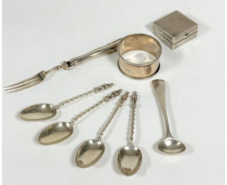 London silver miniature apostle teaspoons with spiral twist stems, a London silver circular napkin ring, and a London silver 