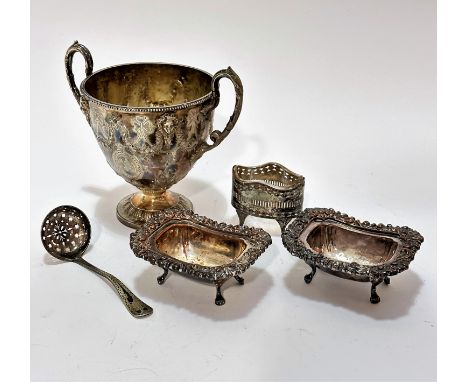 A pair of 19thc Sheffield plated rectangular chased salts, raised on paw feet, and an Edwardian oval pierced Adams style salt