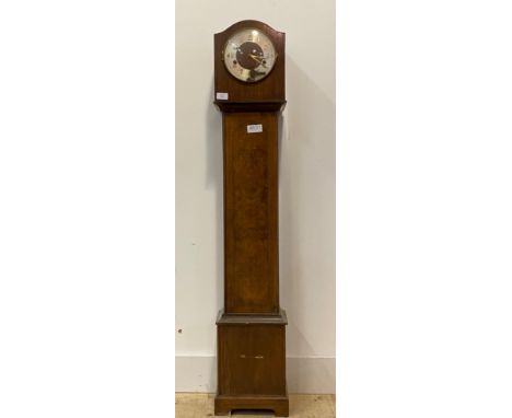 An Art Deco period Westminster chiming Granddaughter clock, in walnut case with silvered dial and Arabic chapter ring, no pen