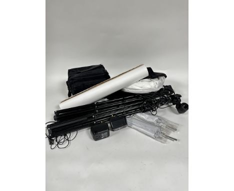 Two expanding portable photographic studio lights complete with stands, plugs, cables etc, two silvered umbrella's, extra bul