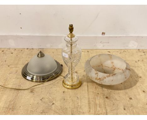 A 1930's glass plafonnier, (D36cm) together with a modern ceiling pendent light fitting (D34cm) and a modern moulded glass ta