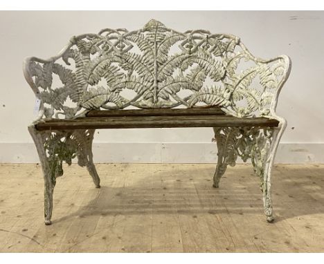 A Coalbrookdale style fern pattern aluminium two seat garden bench in distressed white paint H90cm, L113cm