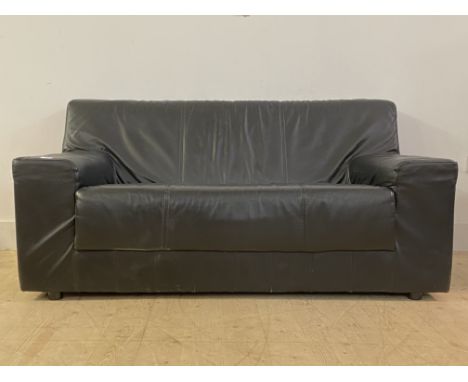 A contemporary black leather upholstered two seat sofa H71cm, L147cm, D86cm