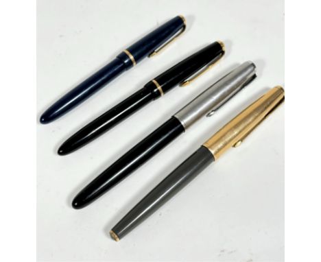 Four various Parker fountain pens including a blue cased fountain pen with yellow metal mounted top and band, with engraved R