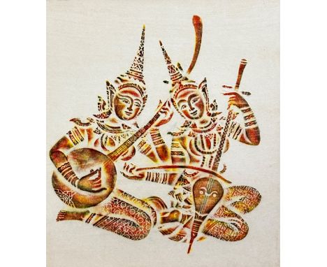 An Indonesian print of two seated musicians in silk bordered gilt glazed frame, (45cm x 40cm excluding frame and mount)