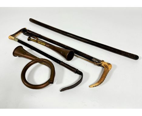 Two leather bound horn handled riding crops, one with silver mount and the other plated, (excluding tips 43cm and 46cm long),