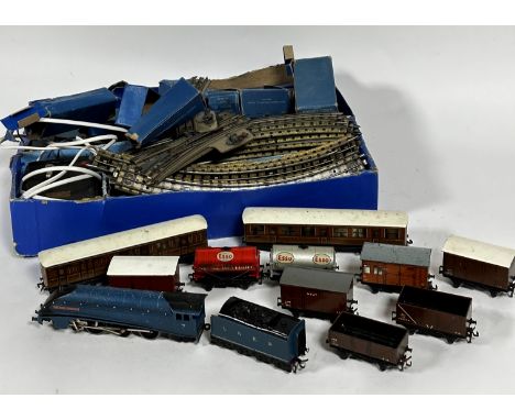 A Hornby - Duplo Sir Nigel Gressey Steam Engine, slightly speckled with paint, a guard's van, an Esso cylinder container, a m