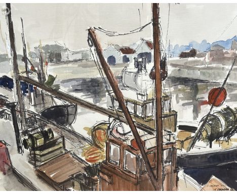 T Shearer, Fishing Boat in the Harbour, print, signed in pen and dated '66, glazed mounted frame, (37cm x 48cm)