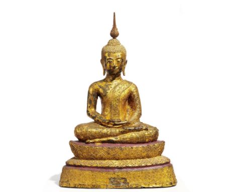 BUDDHA IM FÜRSTENSCHMUCK AUF THRONSOCKEL SITZEND. Herkunft: Thailand. Ratanakosin. Datierung: 19. Jh. Technik: Bronze. Lackve