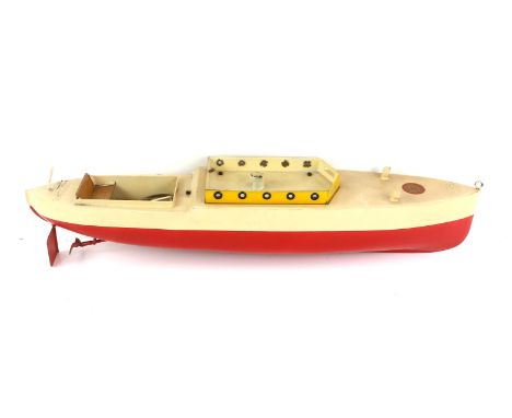 Sutcliffe Boat, Empress Cabin Cruiser in cream, red and yellow, 51.5cm long, with winding key in a red and black striped box,