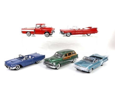 Five Danbury Mint 1:24 scale die-cast model cars, comprising 1959 Chevrolet Impala Convertible, 1957 Chevrolet Cameo Carrier,