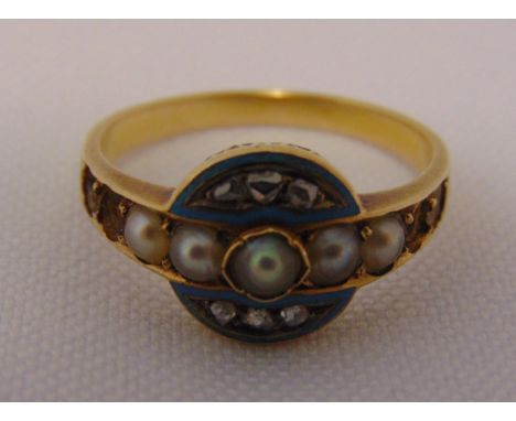 18ct yellow gold diamond, seed pearl and enamel ring, approx total weight 3.9g (4 seed pearls missing)