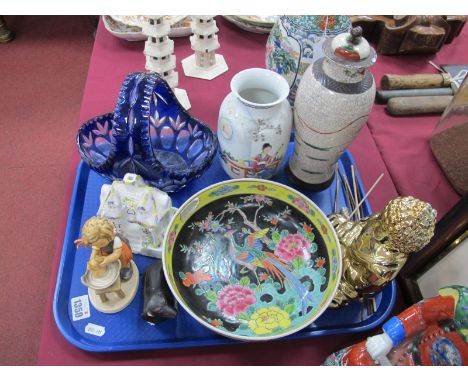 A XX Century Japanese Bowl, vase, glass basket, Goebel figure of a girl:- One Tray.