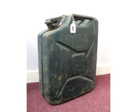 A WWII Period Metal Jerry Can, green painted with military arrow and 'F &amp; H' to body, 47cm high.