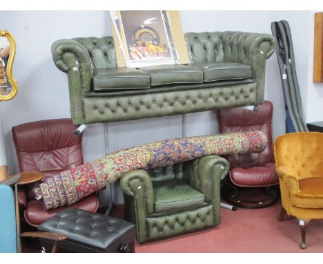 A Green Button Back Leather Chesterfield Settee, approximately 186cm wide and a matching easy chair. (2)