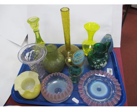 Uranium Glass Candlestick, 19.5cm high, Loetz style iridescent vase, Italain frill glass rim dish and bowl, etc:- One Tray.