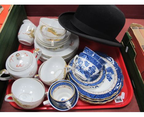 Booth's 'Real Old Willow' Table Pottery of eleven pieces, Japanese tea ware, Raven black bowler hat.