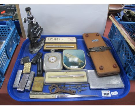 A Ronson Lighter, other lighters, Parker fountain pen, microscope, Whiskey flask, etc:- One Tray.