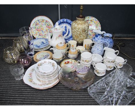 Royal Standard Tea Ware, 'Valencia' blue and white bowl, glassware, table lamp base etc:- Two Boxes.