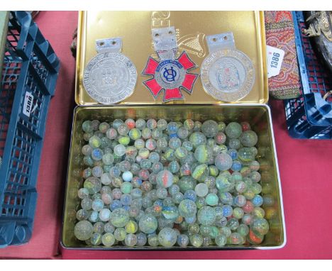 Sheffield &amp; Hallamshire Motor Club Car Badges, The Order of The Road car badge, together with a tin of vintage marbles.