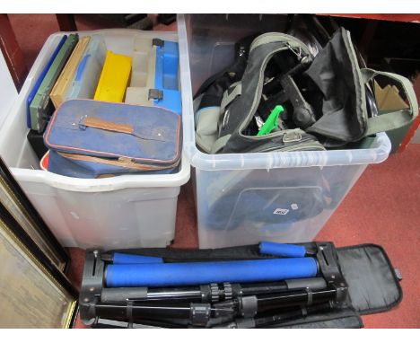 Fishing Stool, multi rod rest, containers, hooks, lines, scales, mixing bowls, etc:- Two Boxes