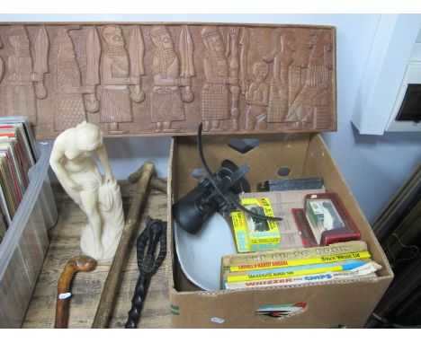 Annuals,alabaster figure, Winston Churchill Second World War, weighing scales and weights, walking sticks, on carved wooden p