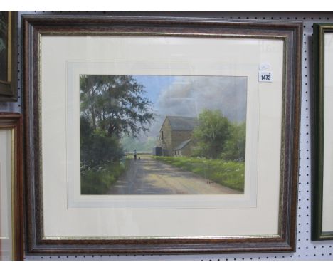 T Leighton (Derbyshire Artist), Farmer and Sheepdog on Country Track, pastel drawing, signed lower right, 26 x 36cm.