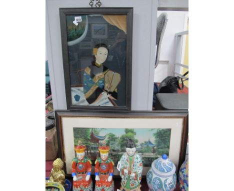 Chinese Portrait Painting on glass, 44.5 x 28.5cm, and Chinese garden fabric. (2).