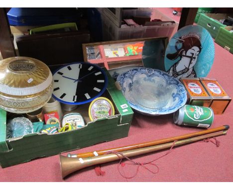 Wall Clocks, Breweryanna, etc:- One Box. Early XX Century silver topped cane, copper coaching horn, mirror, bowl, lamp shade.