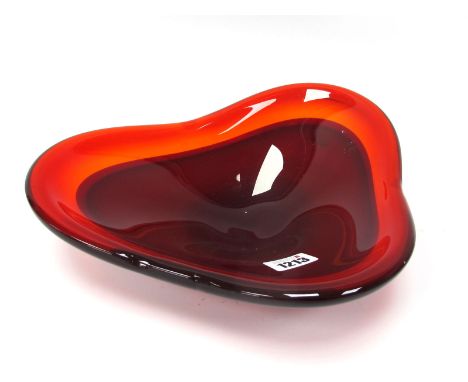 A Mid XX Century Murano Style Ruby Glass Bowl, of tricorn shape, 31cm wide.