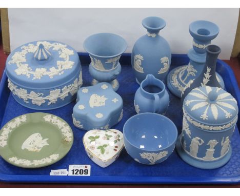 A Wedgwood Blue Jasper Ware Vase, trinket box, candlestick etc:- One Tray.