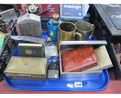 Rolls Royce Radiator Spirit Flask, (damaged), chrome anvil 17cm wide, playing cards, etc:- One Tray.