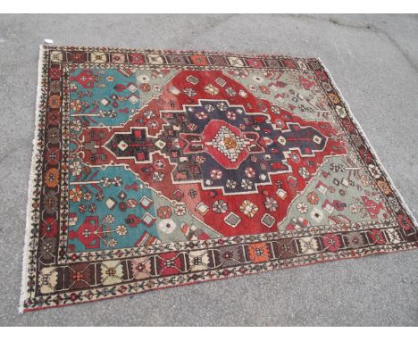 Vintage Persian Bakhtirri Nomadic Rug, multi coloured, featuring vases to corners. 144 x 193cm.