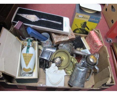 Sparklets Soda Syphon, pipe, ashtrays, Cognac Prunier lamp, Mar bell sculpture, lighters, etc:- One box.