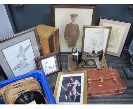 Records, prints, National Grid map:- One Box. Battling Greenfingers pencil drawing, satchel:- One Box. Sepia portrait of unif