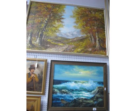 Continental School, Mountain Path, oil on canvas, signed indistinctly lower right, 60 x 9cm. Stevens, seascape, oil on canvas