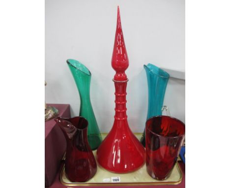 Whitefriars Ruby Glass Wave Ribbed Bucket Vase, 20cm high, pouring handless jug, Italian decanter, turquoise waisted jug and 