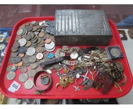 Coinage, Avia gent's wristwatch, pewter covered box, eternity ring, silver bangle, costume jewellery, etc:- One Tray.