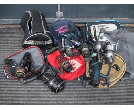 Fishing Reels: Mitchell, Shimano Alivio, Daiwa (x2), Trident, Zebco (x2), etc:- One Box