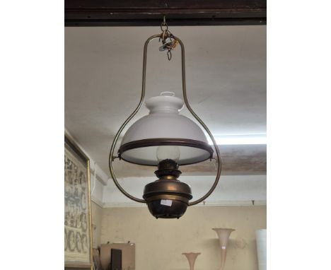 Copper and brass hanging oil lamp.