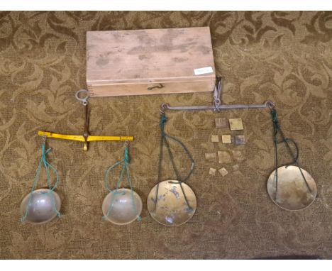 2 pairs of apothecary scales with grain and drachms weights.
