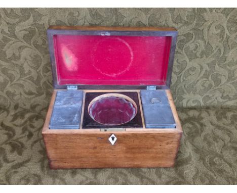 Victorian mahogany tea caddy with tin tea compartments and glass mixing bowl.