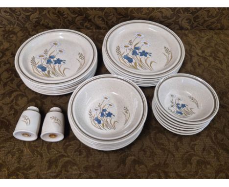 Quantity of Royal Doulton Hilltop tablewares comprising 6 dinner plates, 6 dessert plates, 6 cereal bowls, 5 soup bowls and s