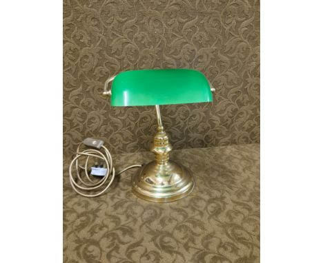 Modern green glass shade brass desk lamp standing 30cm tall.
