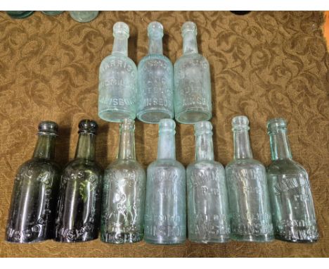 Mixed vintage Gainsborough glass bottles including F. Harrison Windmill Hill, Spink Bros., John Davis and James Sanderson.
